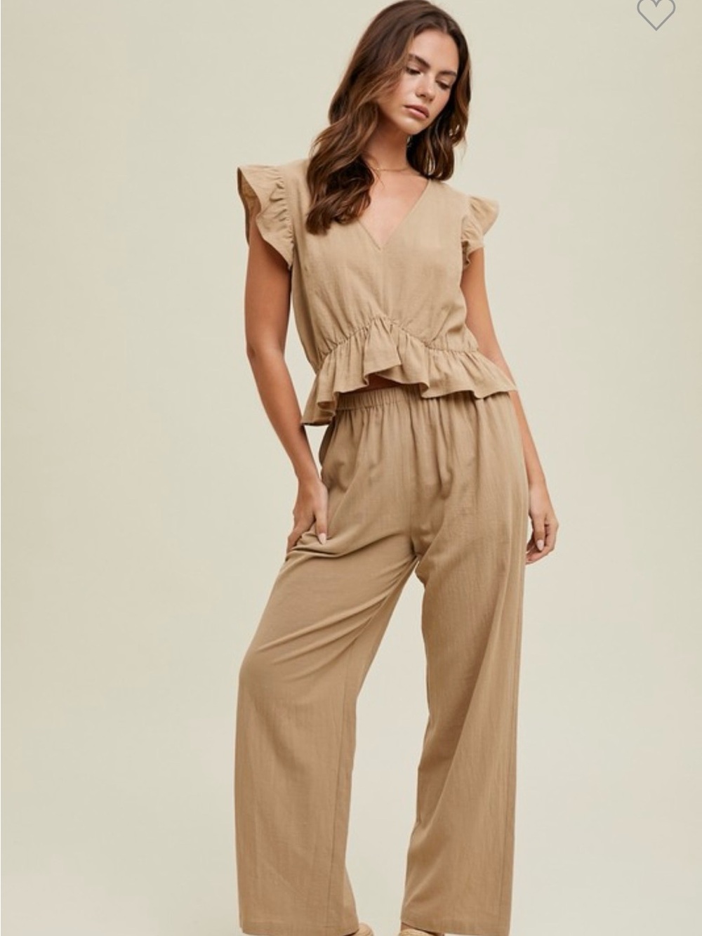 Women's Tan Pants Set with Ruffle Waist